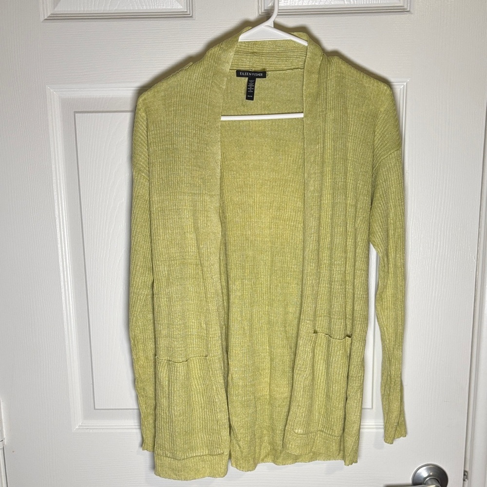 Eileen Fisher Organic Linen Open Cardigan Sweater XS Chartreuse Green